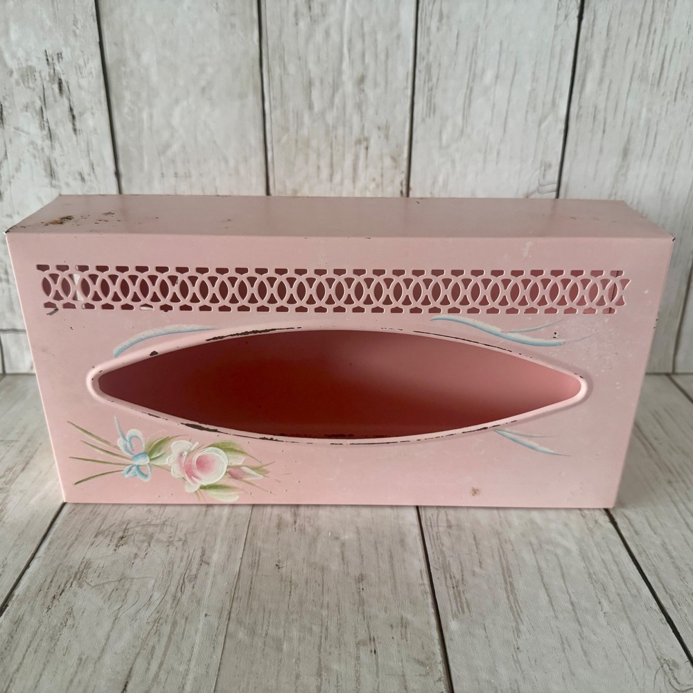 Vintage Pink Metal Tissue Box Cover Hand Painted Floral Wall Mount Shabby Chic